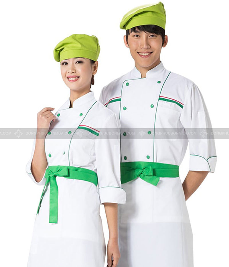 Phong cách thiết kế áo đồng phục đầu bếp màu trắng phối họa tiết xanh lá