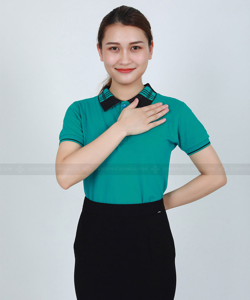 Áo phông đồng phục công sở màu xanh ý phối cổ caro đen