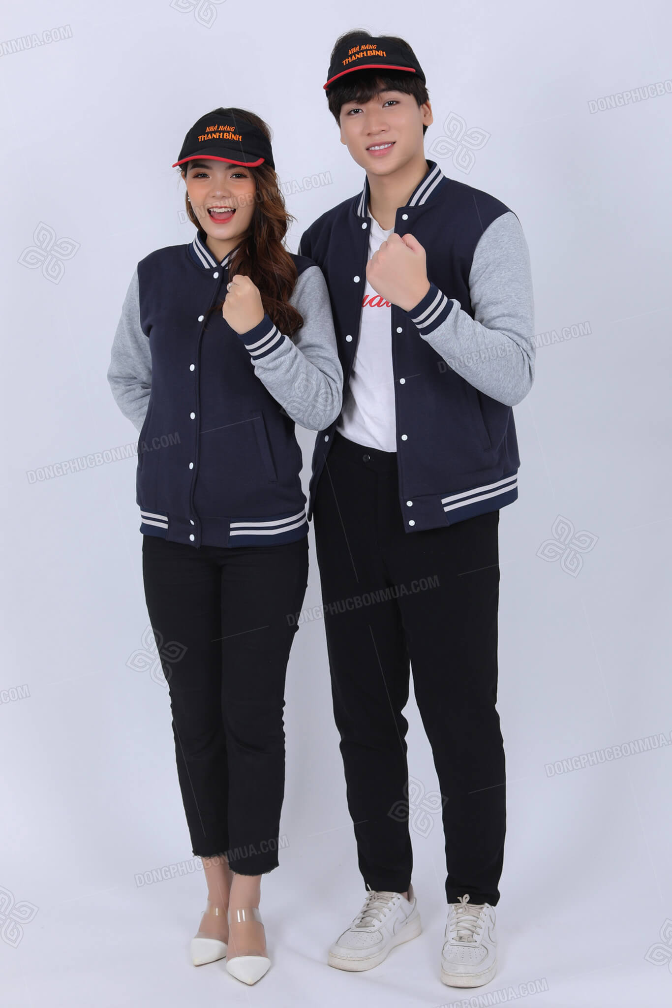 Đồng phục áo khoác bomber nỉ bông màu xanh than phối kẻ
