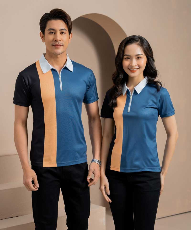 Chi tiết sản phẩm áo phông đồng phục công ty màu xanh phối cam đen