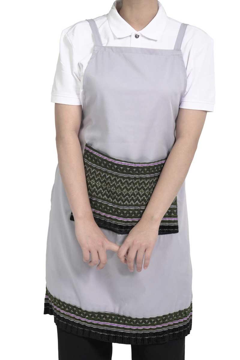Chất liệu vải may tạp dề yếm phối túi vuông thổ cẩm