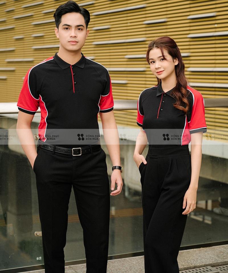 Áo đồng phục doanh nghiệp màu đen phối đỏ có phong cách kiểu dáng áo thun cổ bẻ