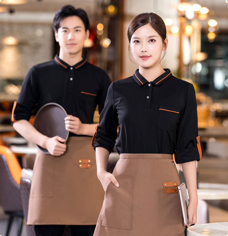 Đồng phục nhà hàng nhân viên màu đen phối nâu