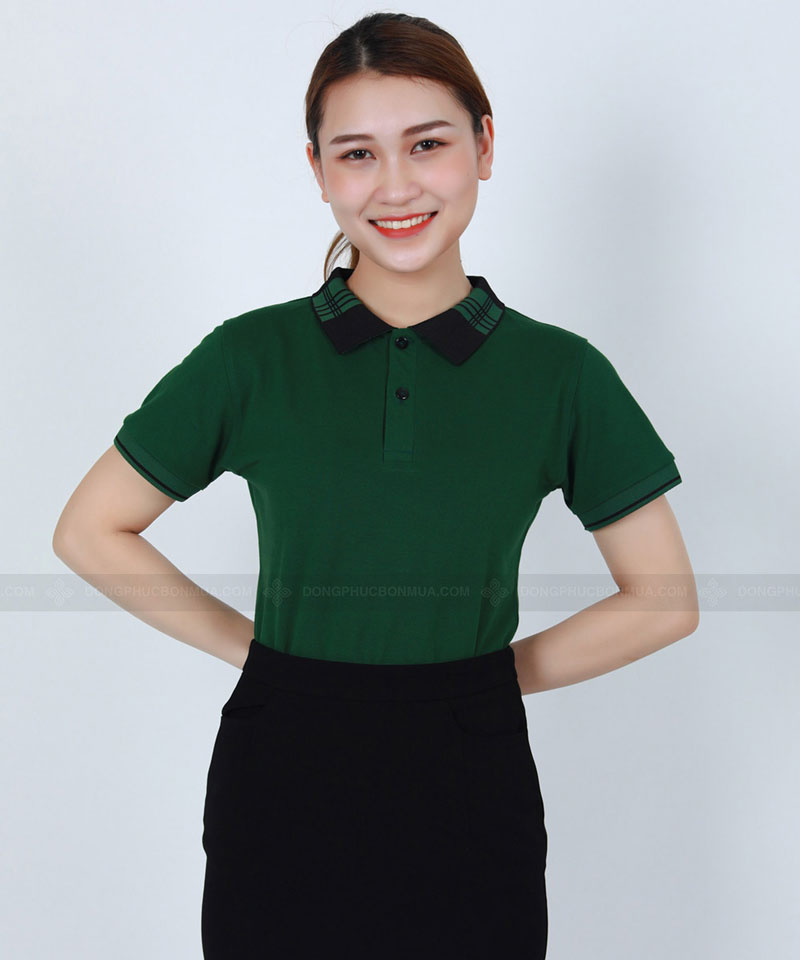đồng phục áo phông xanh lá phối cổ caro