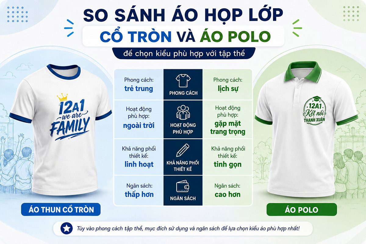 So sánh áo họp lớp cổ tròn và áo polo để chọn kiểu phù hợp với tập thể 
