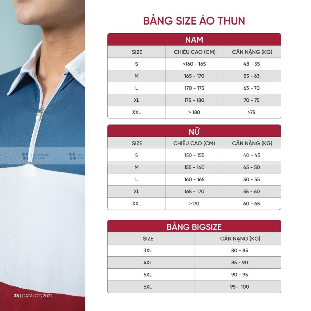 Bảng size in áo thun đồng phục