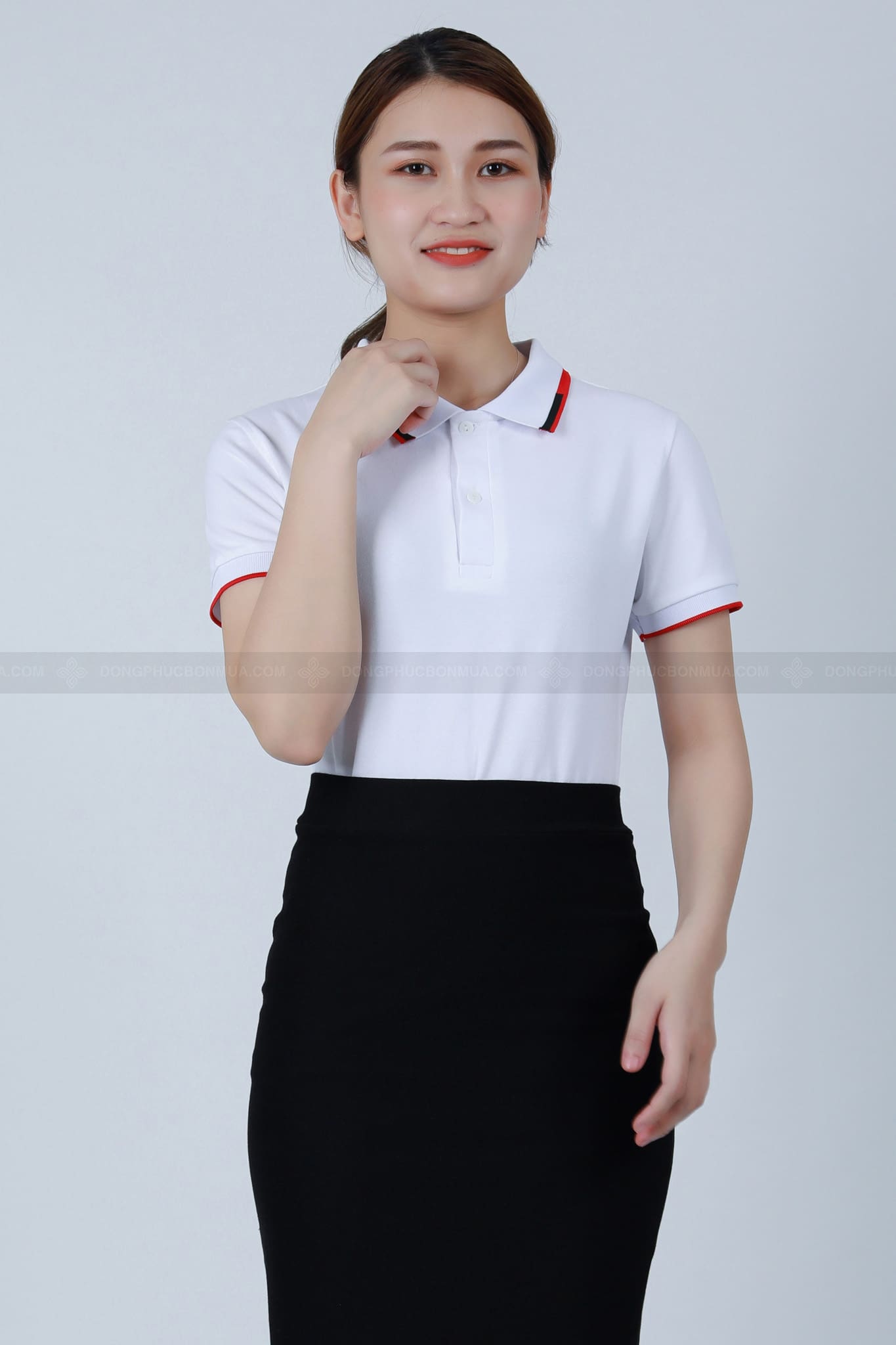 Đồng phục áo thun công sở trắng phối cổ trắng đen đỏ - Ảnh 4