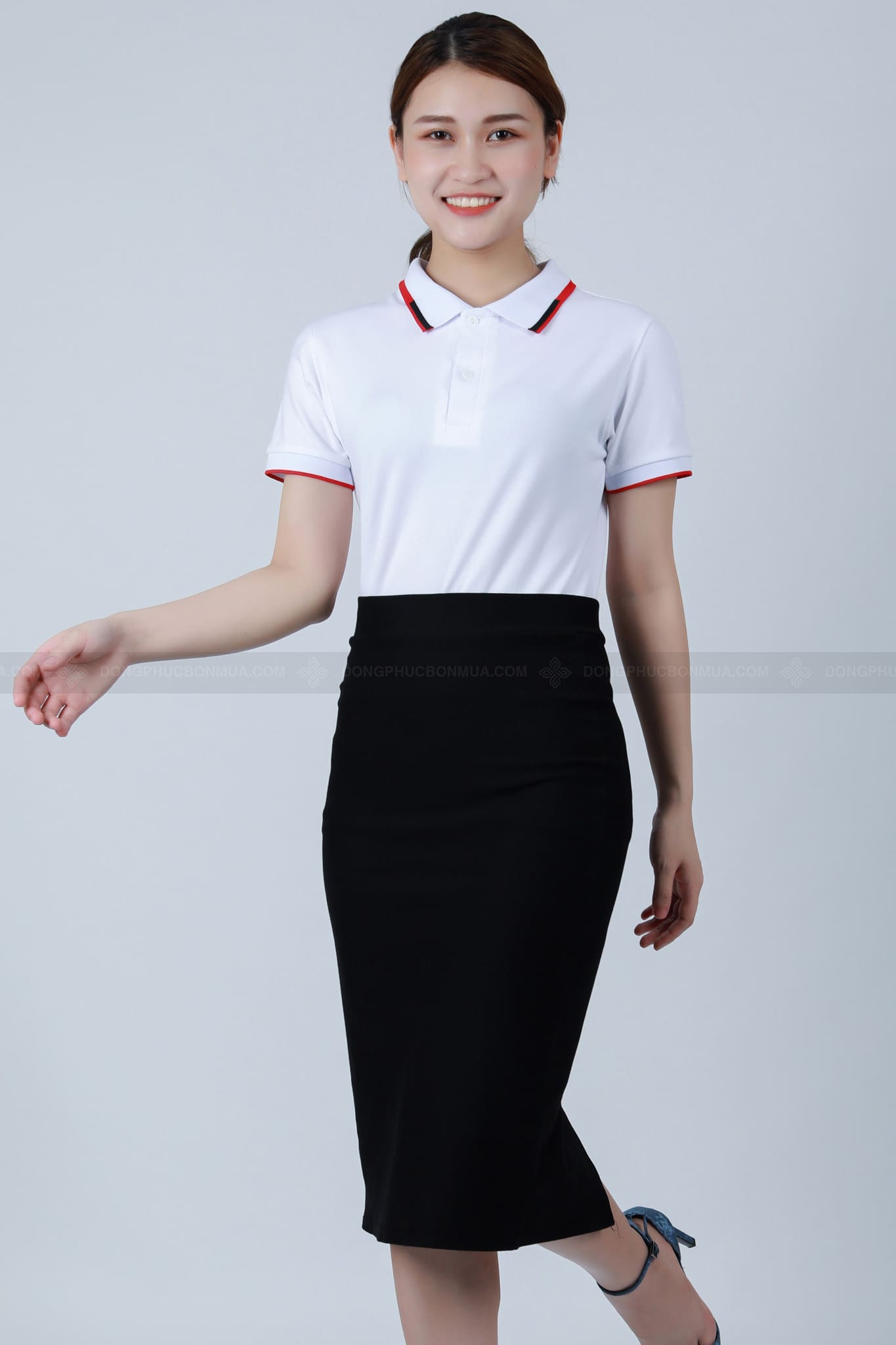 Đồng phục áo thun công sở trắng phối cổ trắng đen đỏ - Ảnh 3