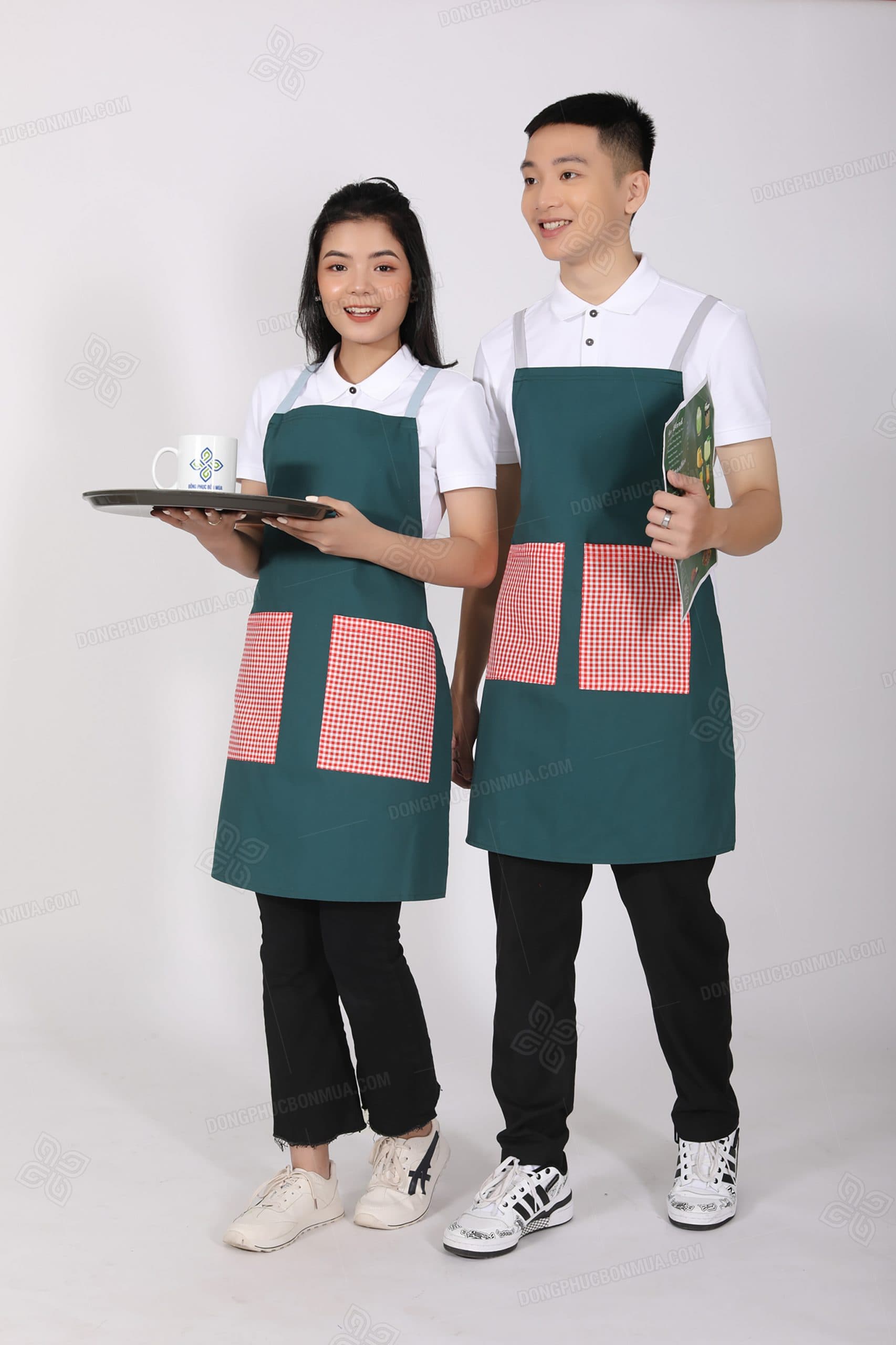 Tạp dề yếm cao cấp màu xanh đậm phối túi kẻ - Ảnh 2