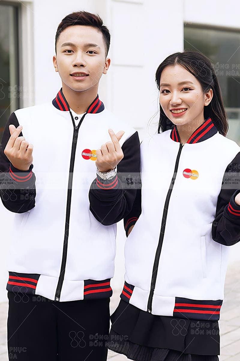 Đồng phục áo khoác bomber nỉ màu trắng phối tay màu đen
