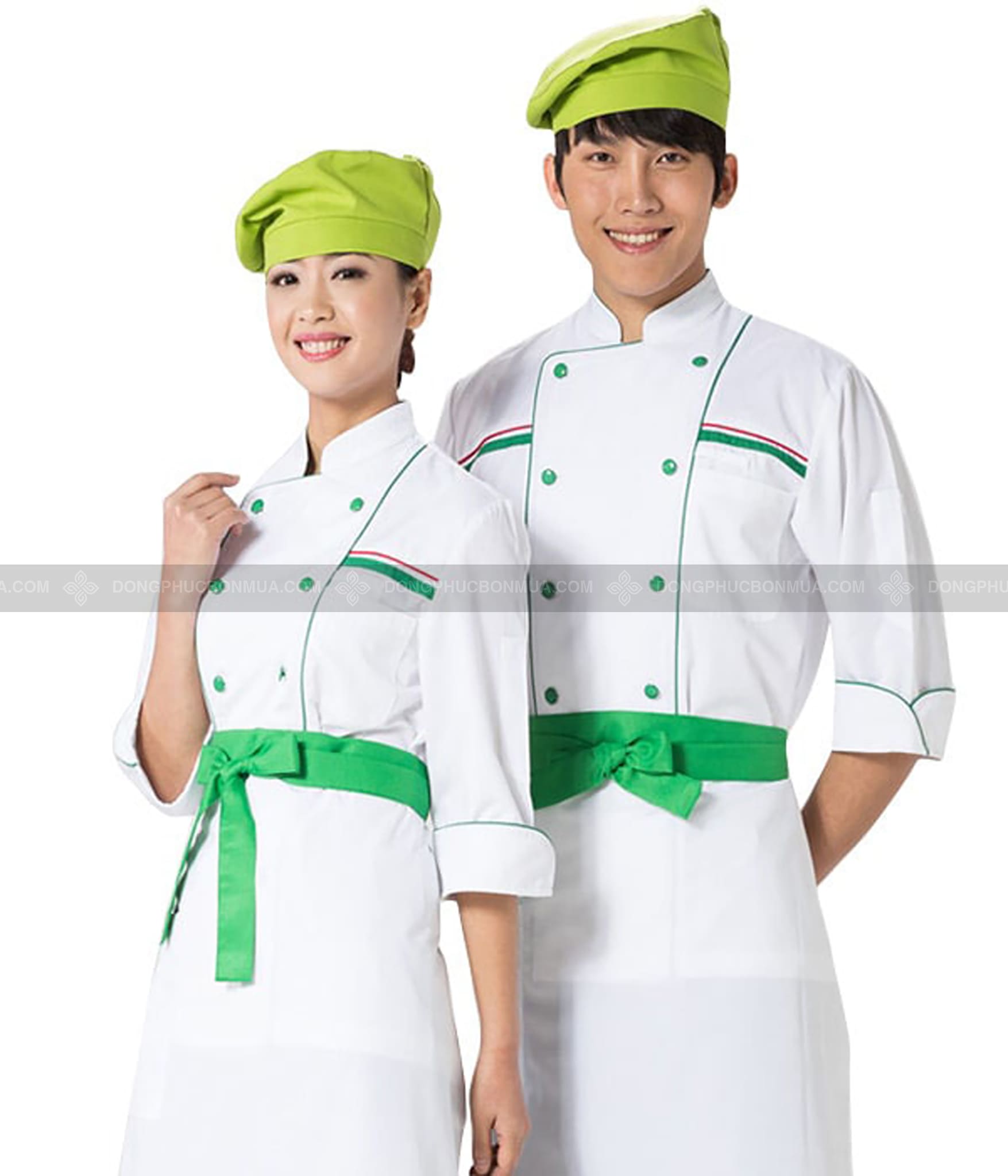 Đồng phục bếp màu trắng phối họa tiết xanh lá - Ảnh 2