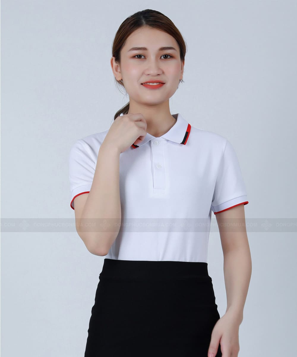 Đồng phục áo thun công sở trắng phối cổ trắng đen đỏ - Ảnh 5