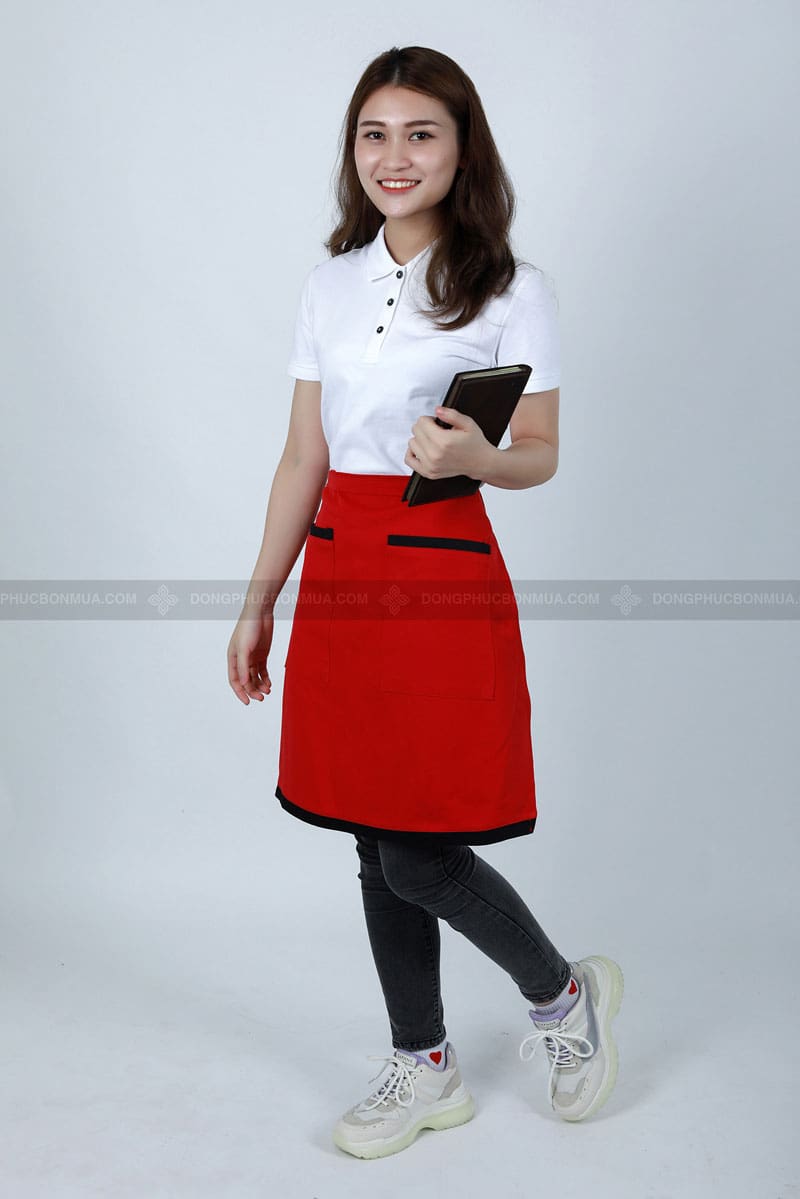Chất liệu vải may tạp dề nửa người đỏ phối 2 túi vuông