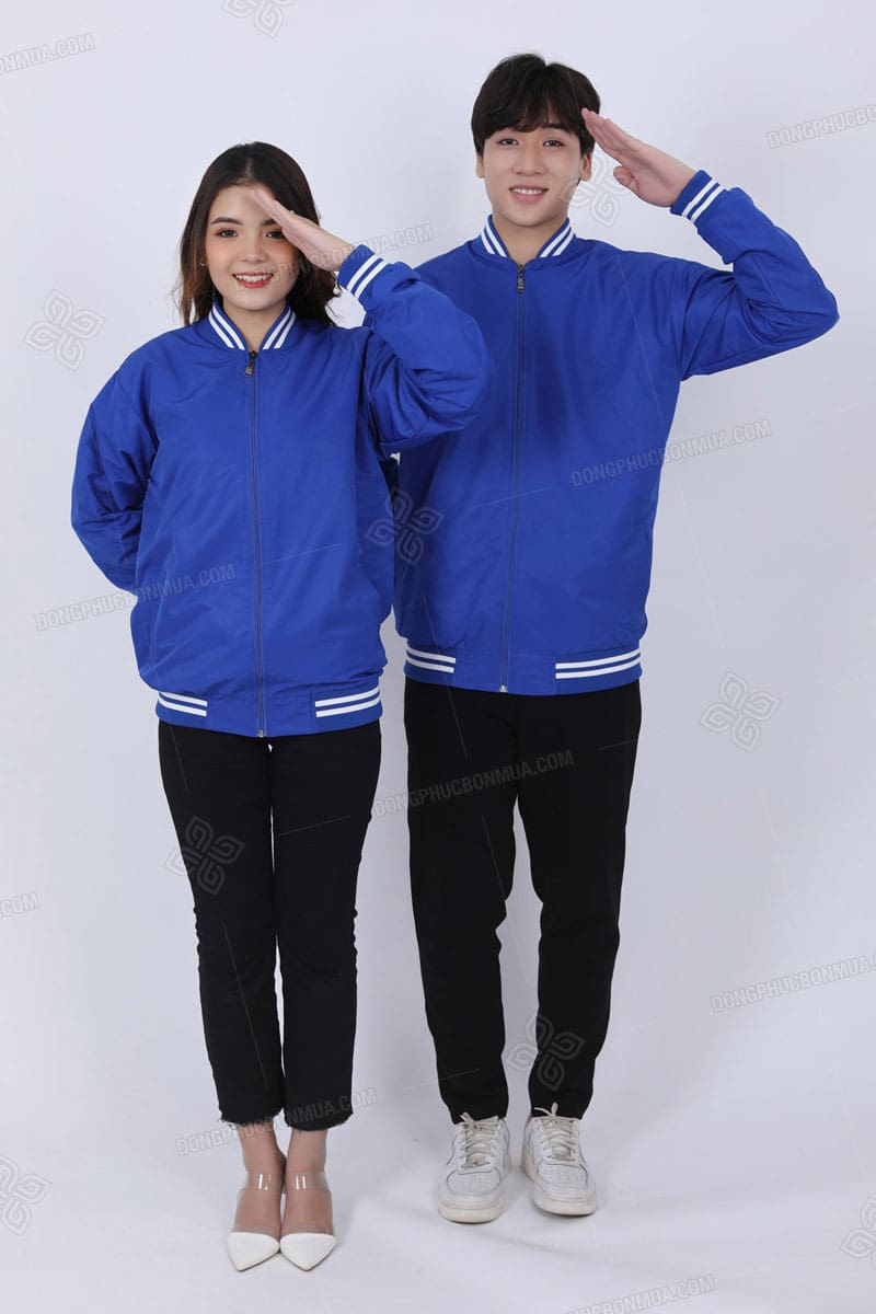 Áo khoác gió đồng phục kiểu bomber màu xanh dương phối sọc trắng - Ảnh 2