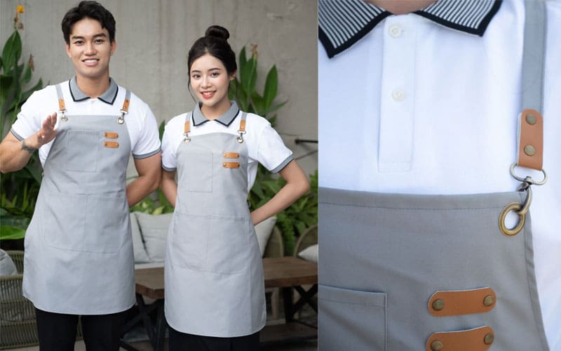 Tạp dề yếm kaki màu ghi phối túi