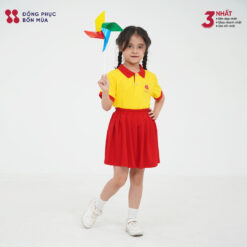 Đồng phục mầm non vàng phối đỏ cho bé nữ
