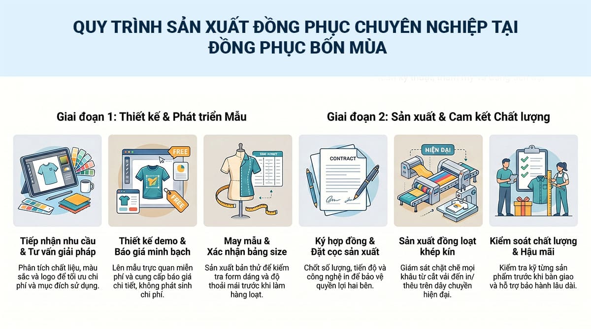 Quy trình sản xuất áo thun đồng phục công nhân chuyên nghiệp tại Đồng Phục Bốn Mùa