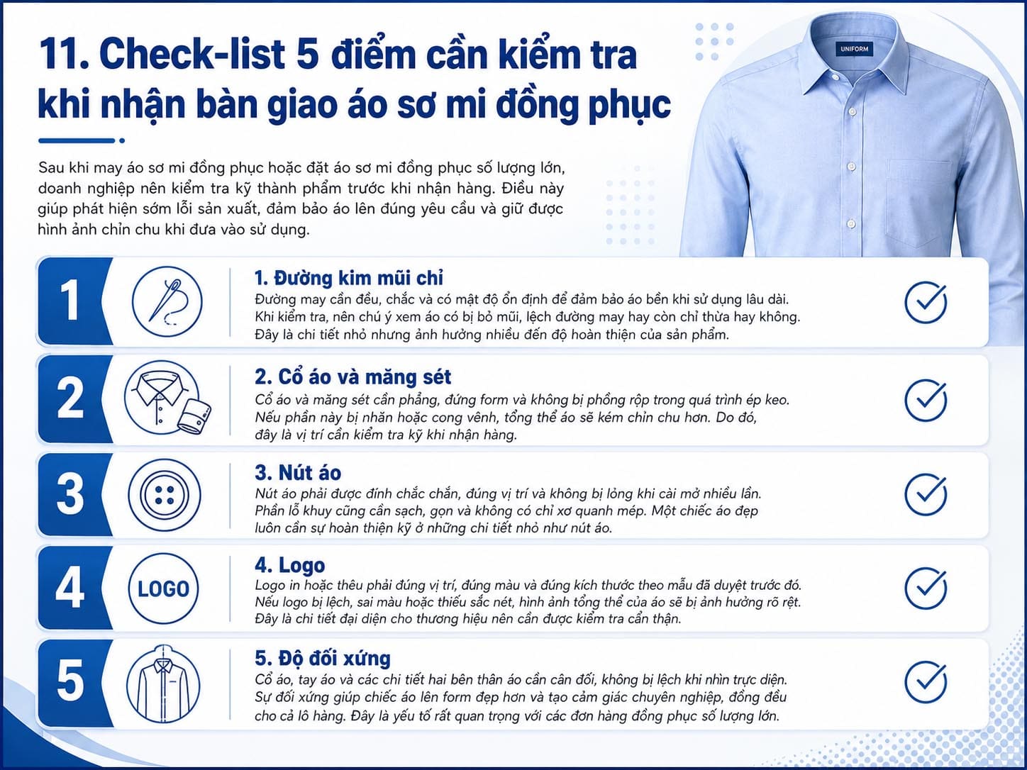 Check-list 5 điểm cần kiểm tra khi nhận bàn giao áo sơ mi đồng phục