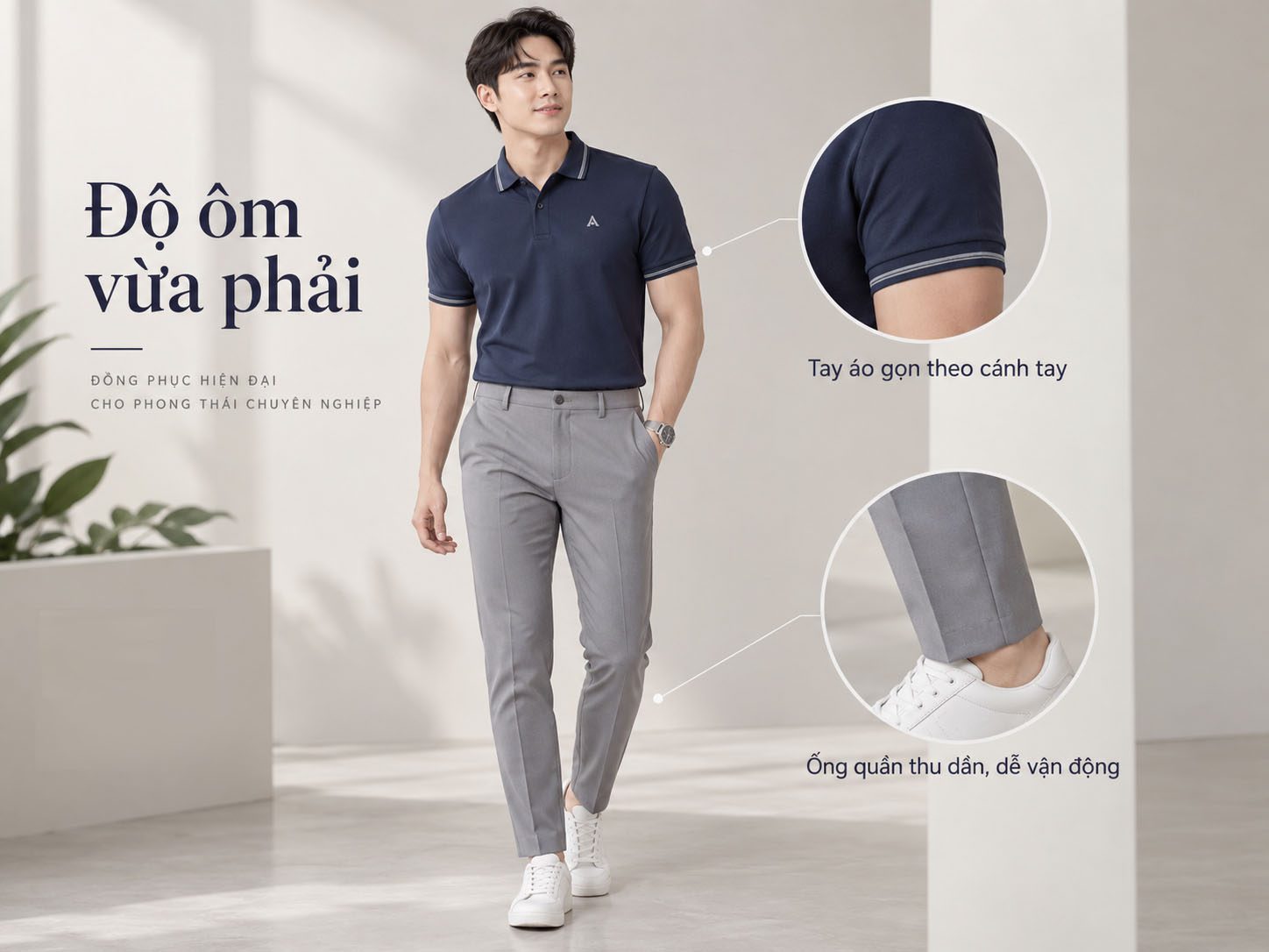 Tay áo hoặc ống quần thường có độ ôm vừa phải
