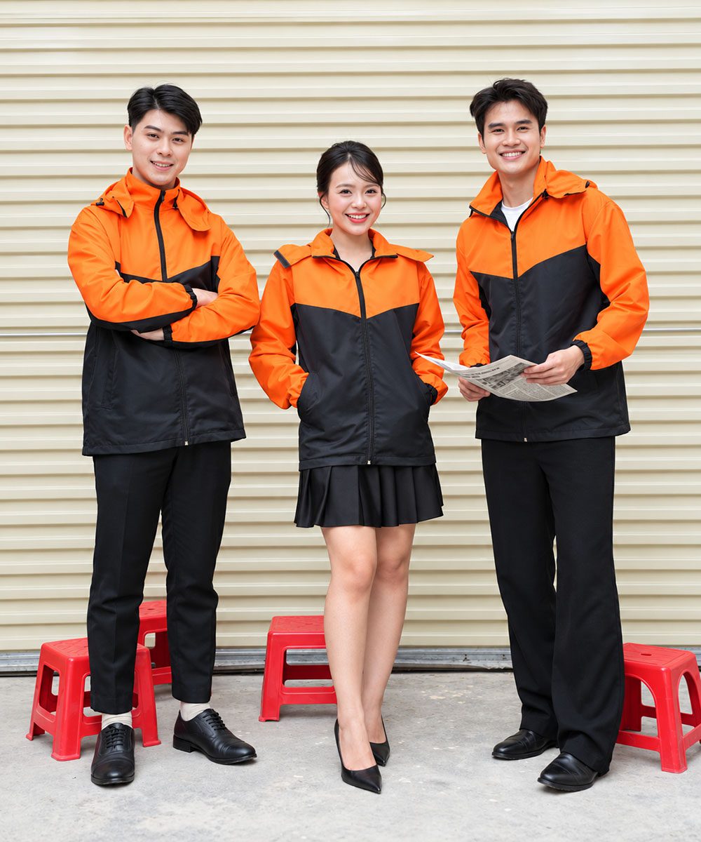 Áo Khoác Gió Đồng Phục Công Ty Màu Cam Phối Đen Có Mũ