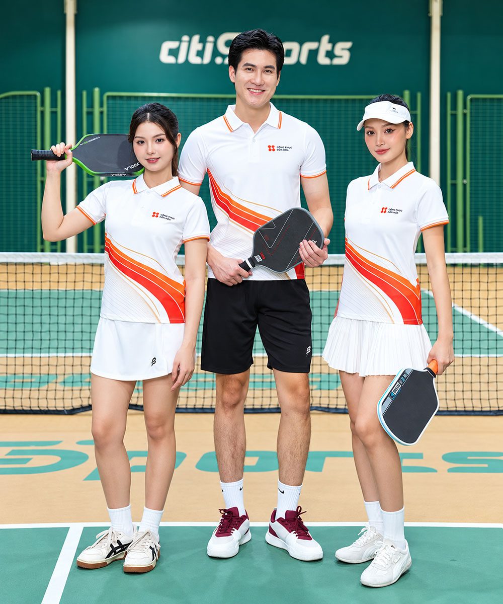 Áo Polo Đồng Phục Pickleball Màu Trắng Phối Cam In Họa Tiết Lượn Sóng