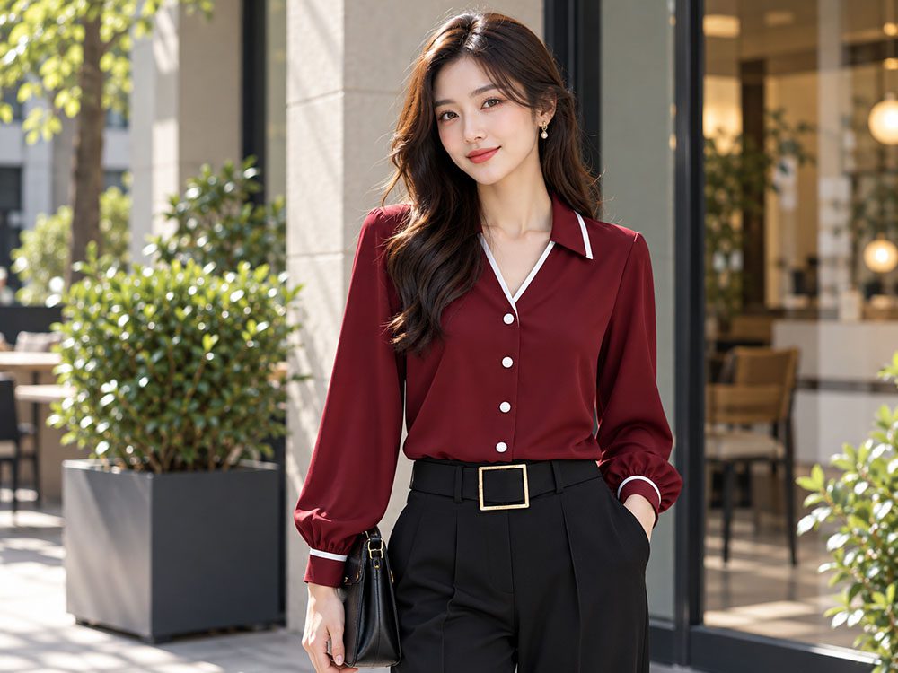 Mẫu áo sơ mi nữ công sở phối viền cổ, tay áo