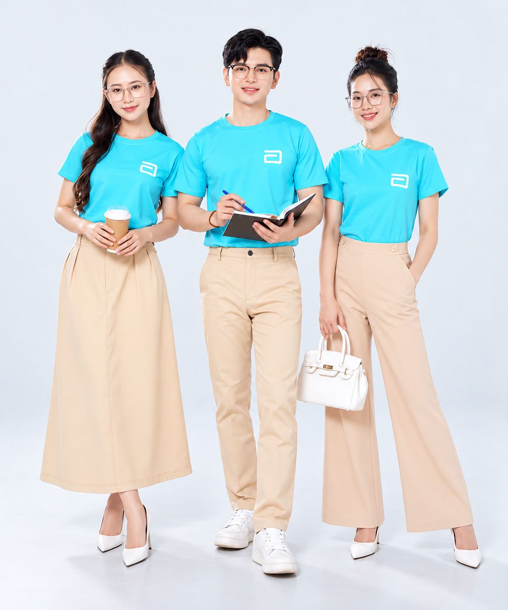 Mẫu áo thun công ty cổ tròn xanh cyan thiết kế hiện đại