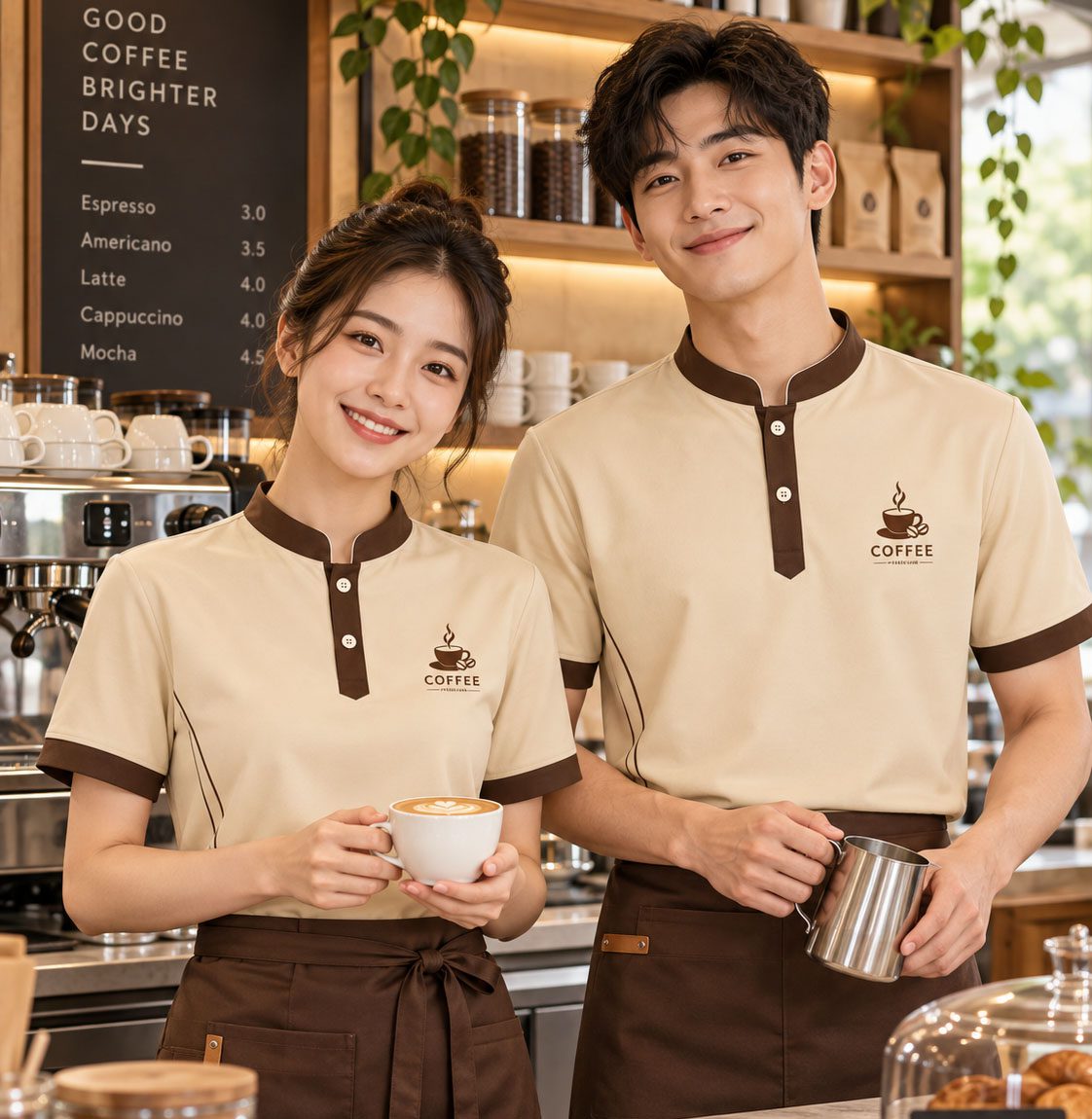 Mẫu áo thun đồng phục quán cà phê thiết kế cổ trụ
