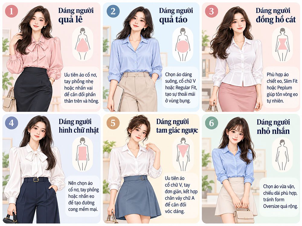 Hướng dẫn chọn kiểu áo sơ mi nữ công sở theo dáng người