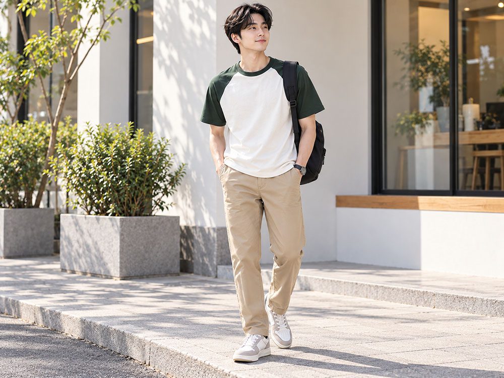 Phối áo Raglan với quần kaki